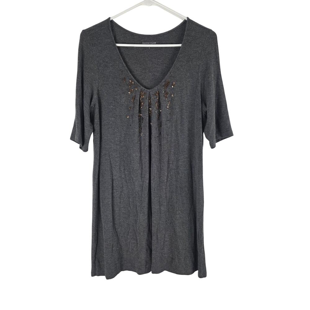 Eileen Fisher Beaded Top‎ S Womens Short Sleeve Gray Tunic Stretchy Pullover